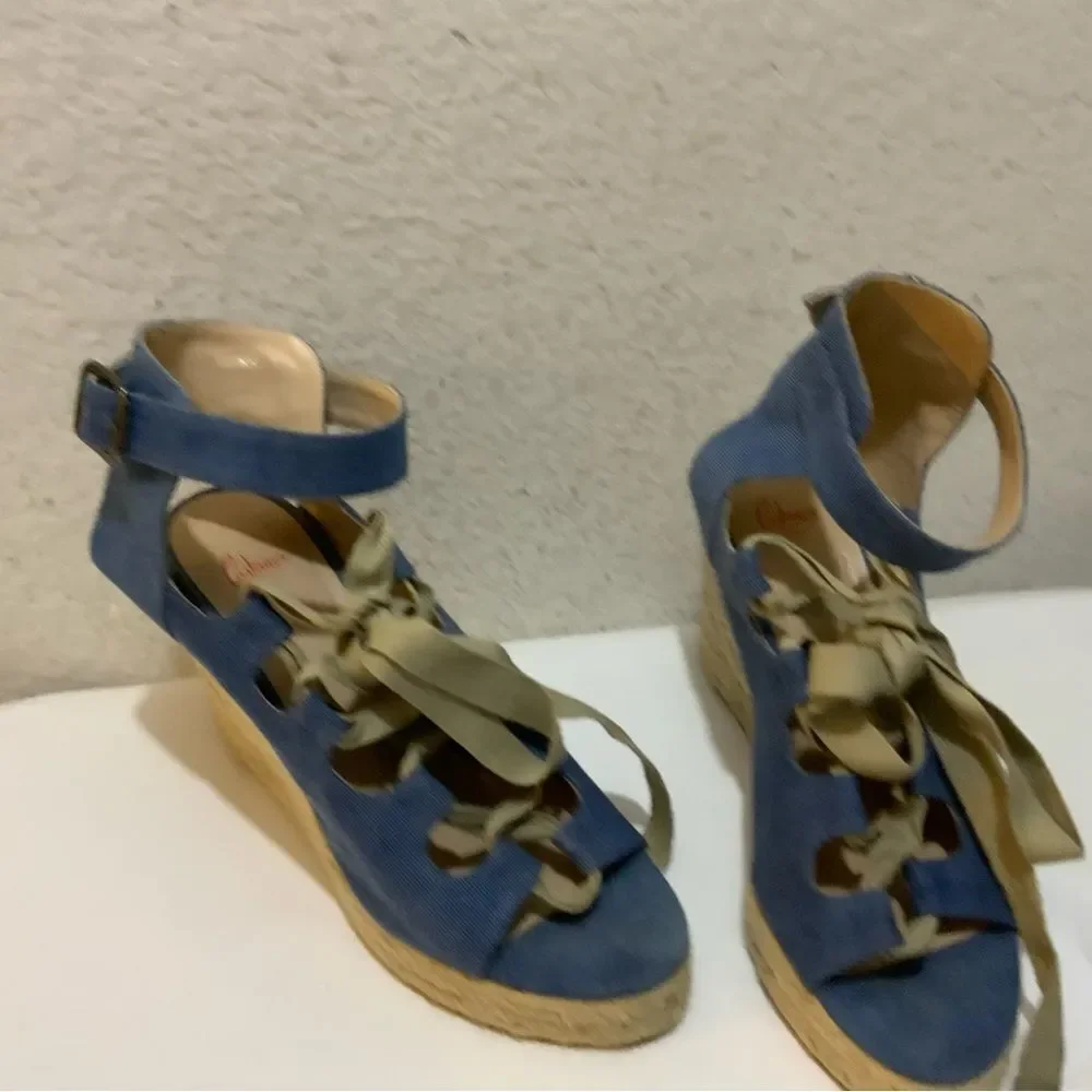 Castaner Leather lace up Denim look platform Wedge Espadrille Sandals 39